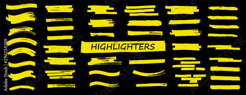Highlighters set. Vector Brush lines. Marker color stroke. Yellow watercolor hand drawn highlight set. Brush pen hand drawn underline. Vector graphic stylish element. Marker lines collection