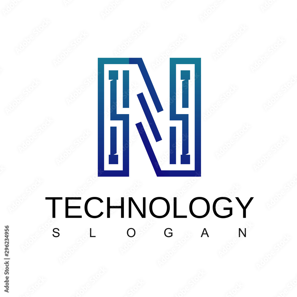 Letter N Technology Logo With Circuit Symbol Letter N Technology Logo With Circuit Symbol