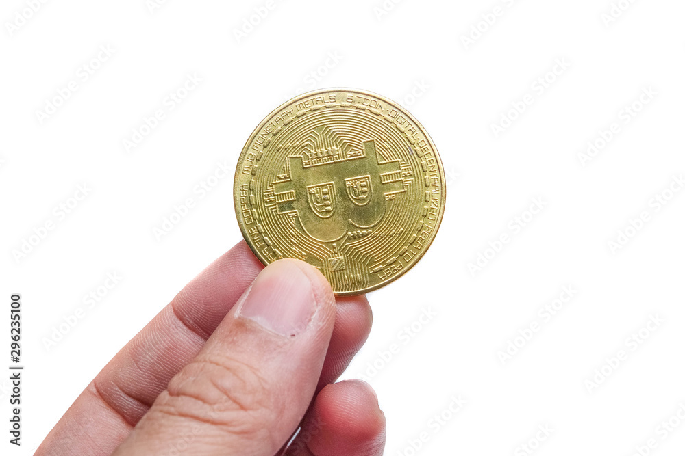 bitcoin on finger isolated white background bitcoin on finger isolated white background