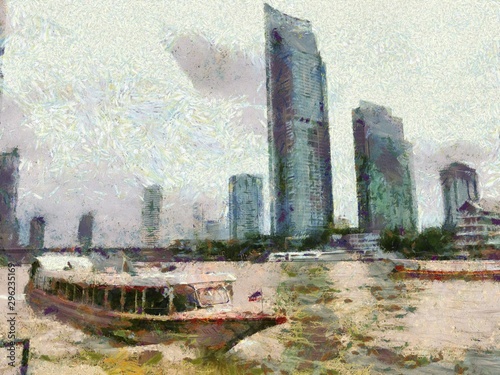 Chao Phraya River in Bangkok Illustrations creates an impressionist style of painting.