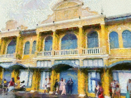 The building is an ancient European architectural style in front of the Royal Palace. Illustrations creates an impressionist style of painting. © Kittipong