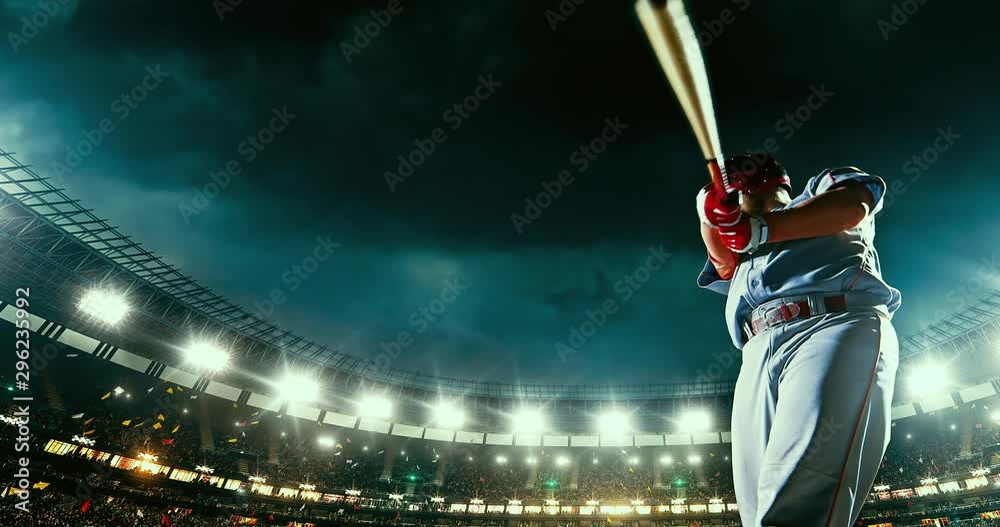 Baseball male player in action during the game on a professional baseball stadium. He wears unbranded sport clothes. The stadium is made in 3D.