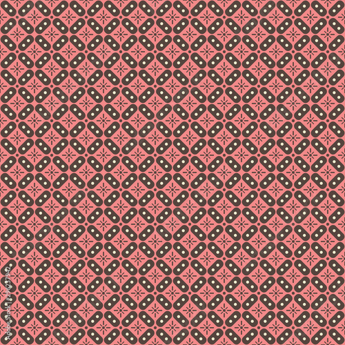 Indonesian batik seamless pattern with various motif javanese traditional culture, batik kawung in brown pink colorway, can applied to whole cloth