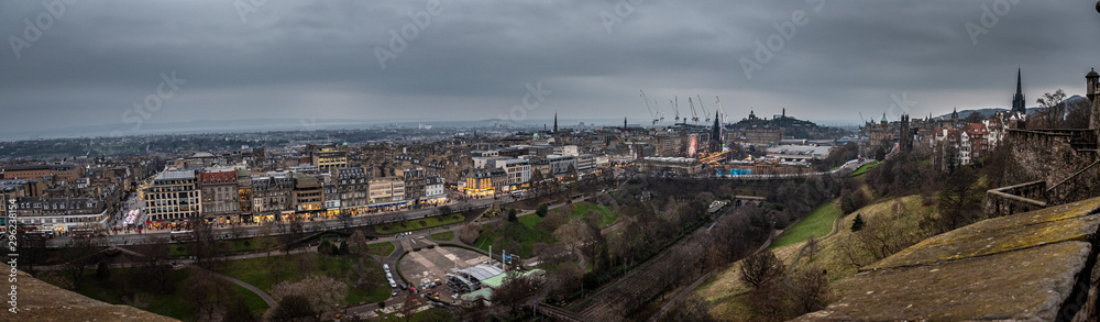 EDINBURGH, SCOTLAND DECEMBER 14, 2018: Panoramic view of central Edinburgh cityscape on a cloudy day, seen from Edinburgh Castle.
