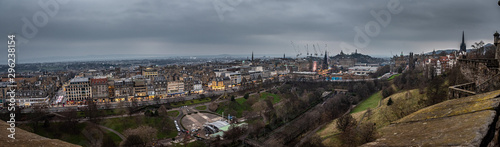 EDINBURGH, SCOTLAND DECEMBER 14, 2018: Panoramic view of central Edinburgh cityscape on a cloudy day, seen from Edinburgh Castle.