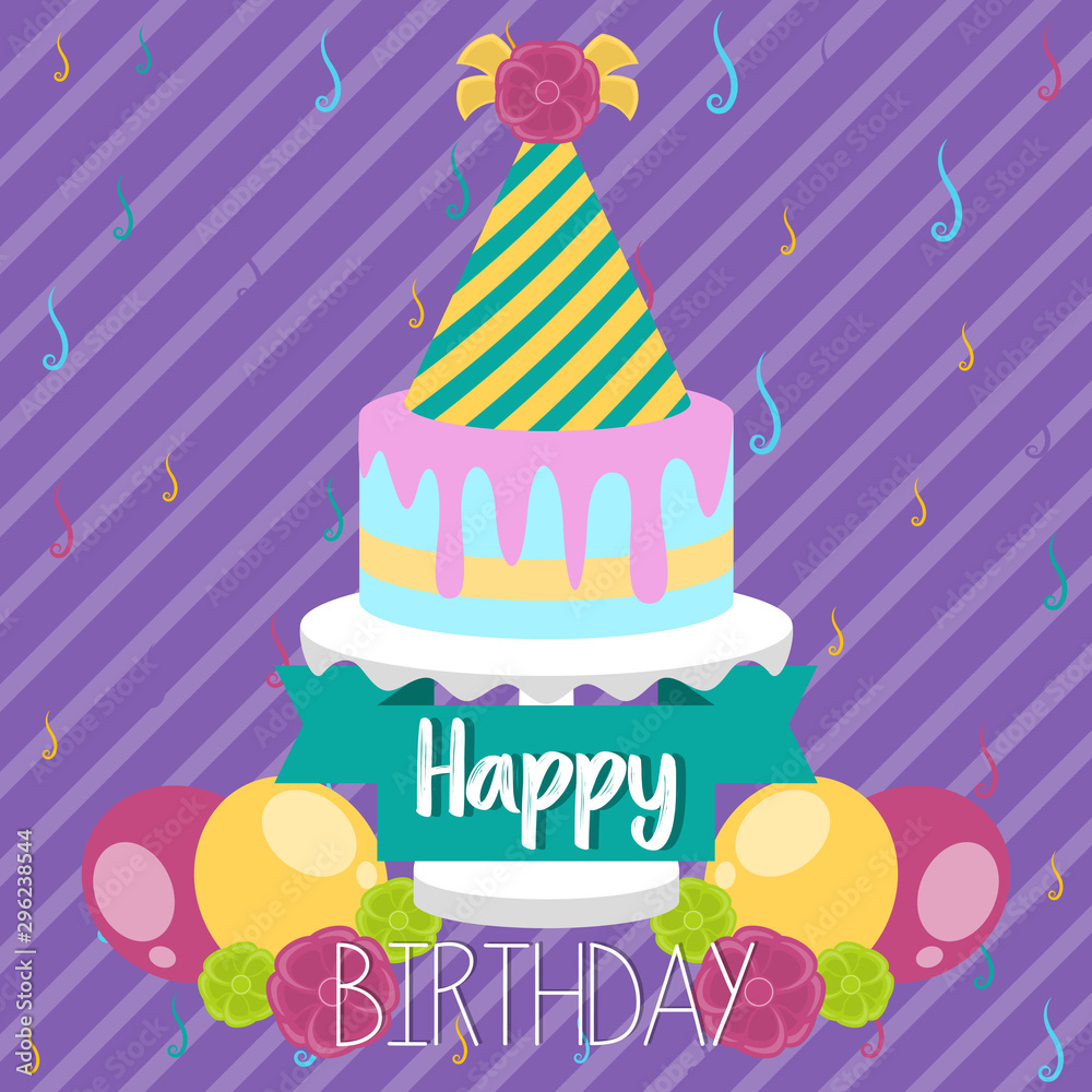 Colored birthday card with a birthday cake, balloons and a party hat - Vector Colored birthday card with a birthday cake, balloons and a party hat - Vector