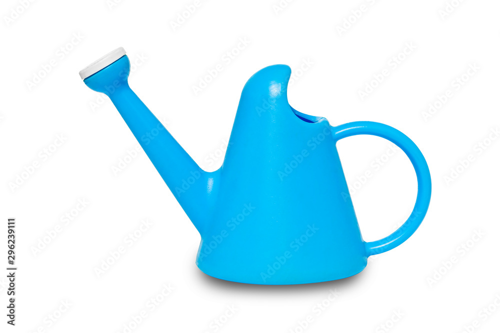 The blue plastic watering cans isolated on white background with clipping path. - obrazy, fototapety, plakaty 