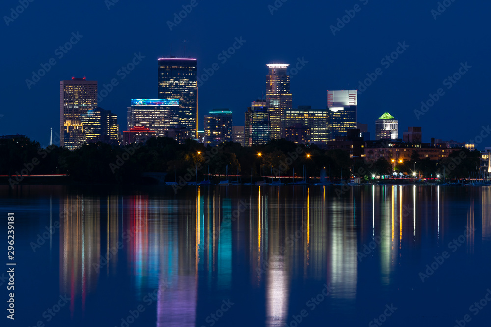 Night light colors reflection of Downtown Minneapolis Minnesota on Lake Calhoun - Bde Maka Ska 