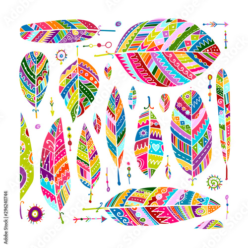 Art feathers collection, ornate sketch for your design