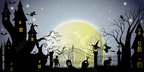 Halloween party with Moon and night sky background.