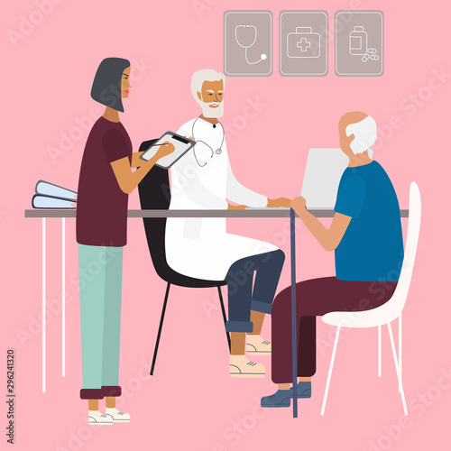 Doctor and nurse examining and consulting an old man at the clinic. Care of elderly people medical concept with doctor and patient. Colorful vector illustration in flat style