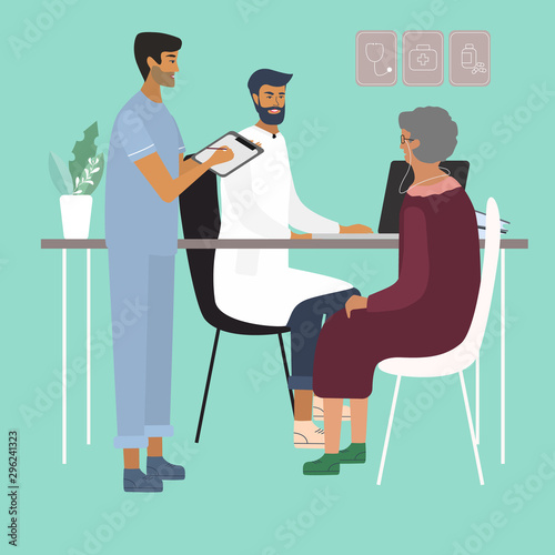 Doctors examining and consulting an old woman at the clinic. Care of elderly people medical concept with doctor and patient. Colorful vector illustration in flat style