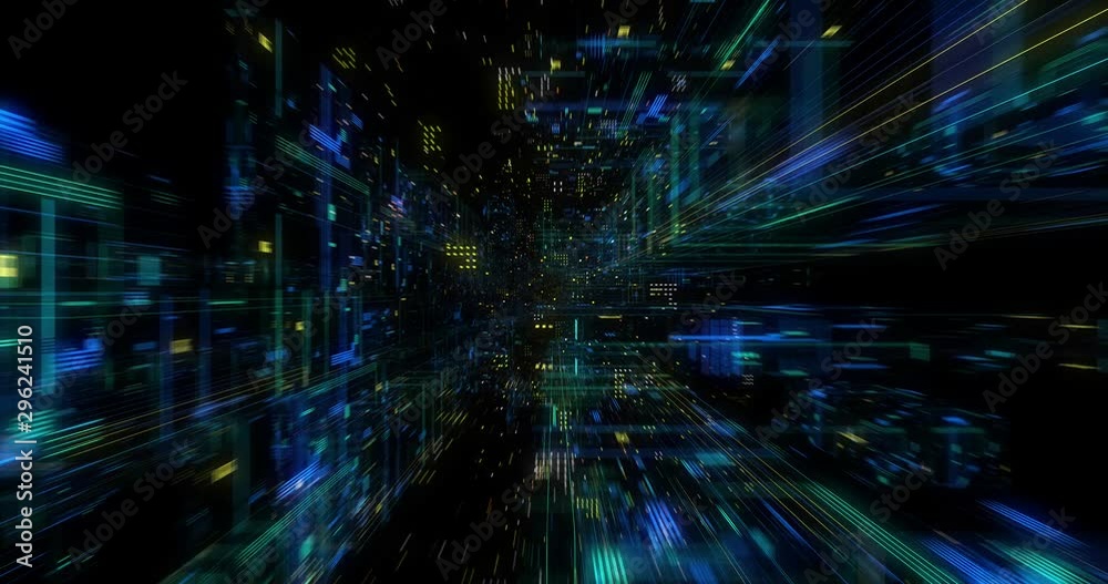 AI artificial intelligence and ML machine learning abstract concept, CPU GPU computing core with information streams. Data deep learning computer machine. Seamless loop, 3D render