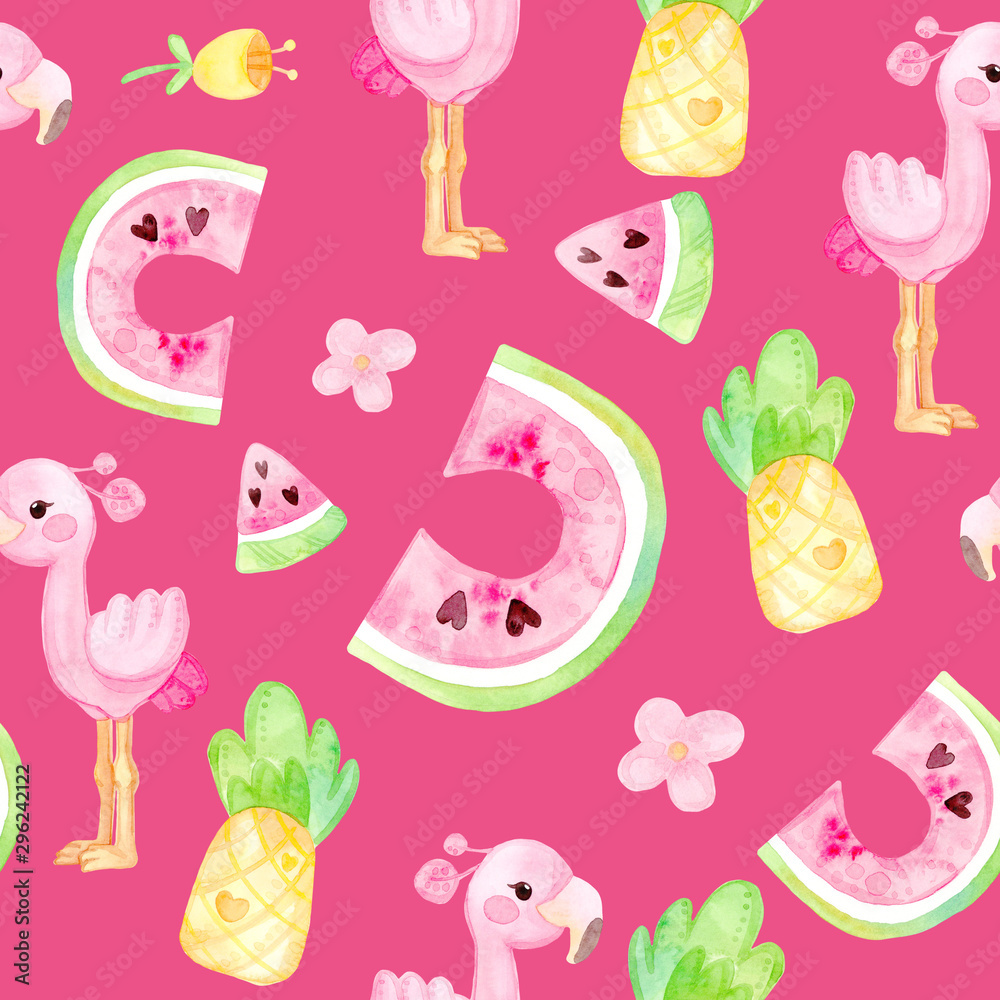 Hand painted watercolor. Cute cartoon illustration. Warm tropics seamless pattern. Flamingo, pineapple, watermelon, leaves, flowers.