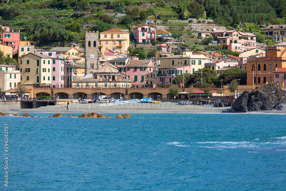 View on seaside and typical houses in small village, Monterosso, Cinque Terre, Italy