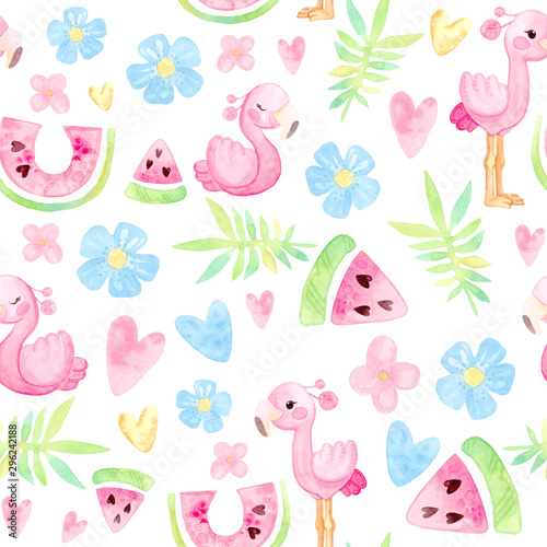 Hand painted watercolor. Cute cartoon illustration. Warm tropics seamless pattern. Flamingo  watermelon  leaves  flowers. Isolated on white background