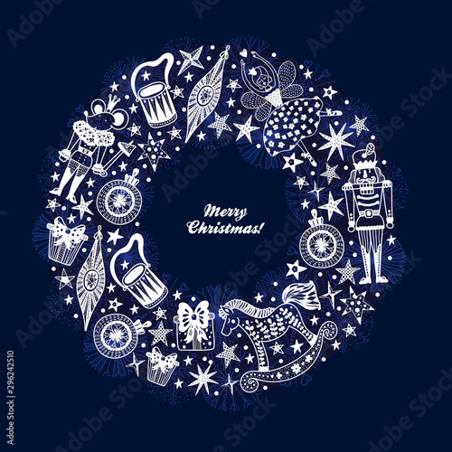 Christmas wreath with motifs from the ballet the Nutcracker. Fabulous postcard.