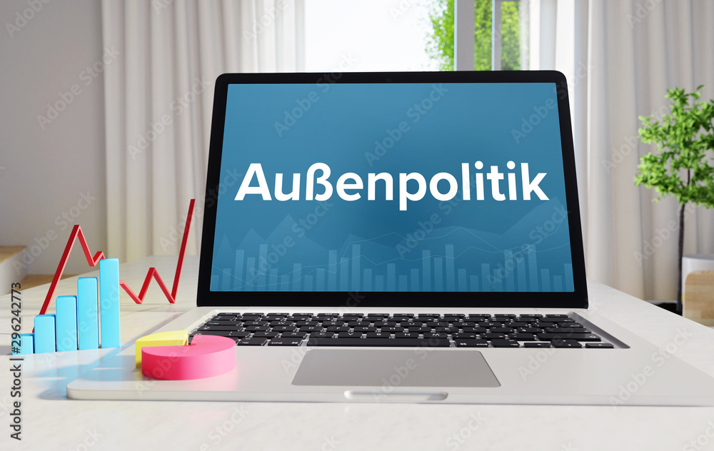 Außenpolitik – Business/Statistik. Laptop im Büro mit Begriff auf dem Monitor. Finanzen/Wirtschaft. Außenpolitik – Business/Statistik. Laptop im Büro mit Begriff auf dem Monitor. Finanzen/Wirtschaft.