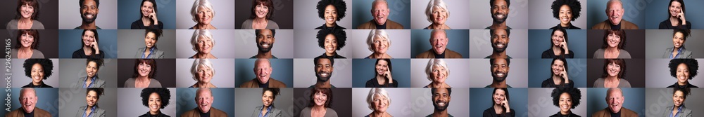 Group of 6 different people in front of a colored background - obrazy, fototapety, plakaty 