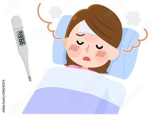 発熱　風邪　寝込む　女性　イラスト