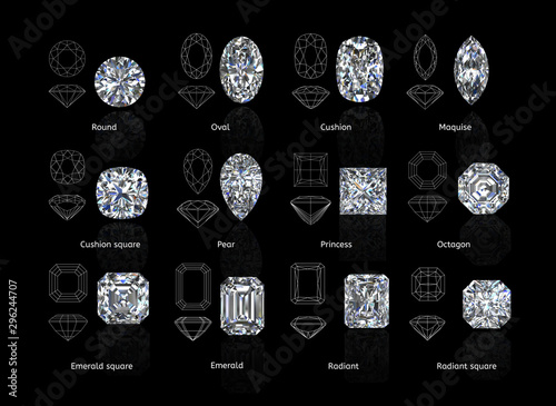 A set of twelve sparkling water diamonds with out line shape of various shapes and designs with their name, Background top view Stock Illustration-3D rendering