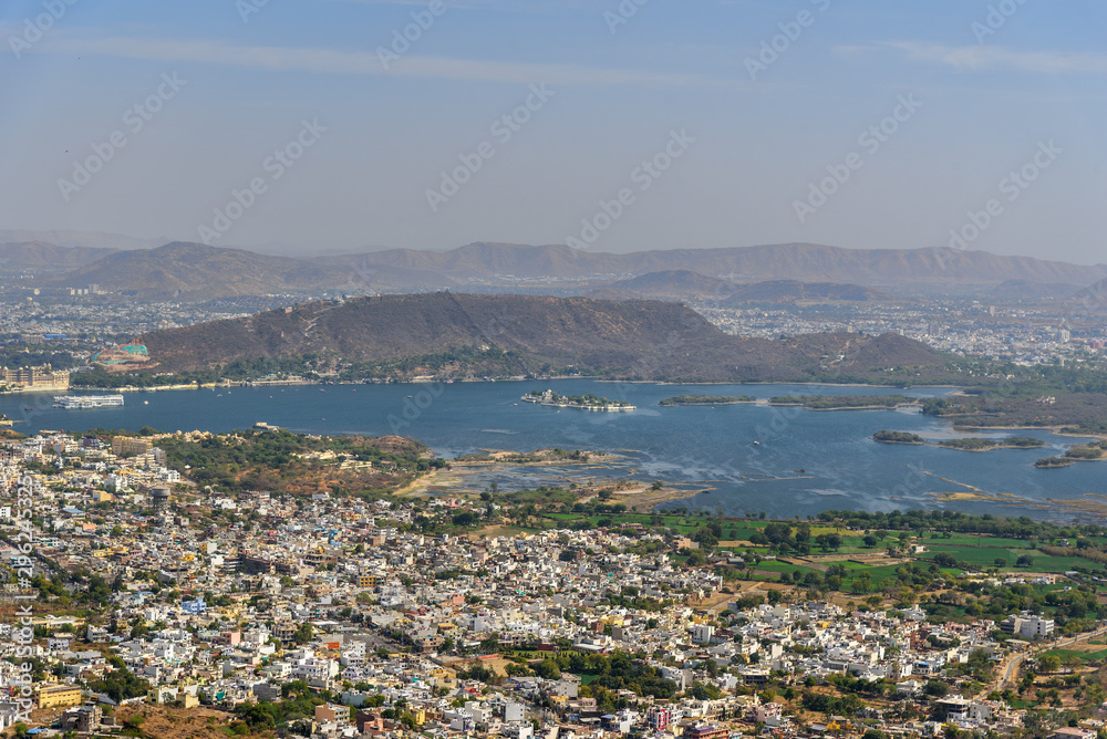 View of Udaipur city and Pichola Lake from Monsoon Palace. India View of Udaipur city and Pichola Lake from Monsoon Palace. India