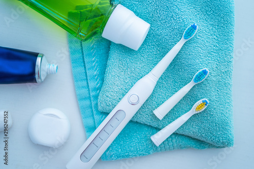 Dental products for brush teeth, healthy teeth care and oral hygiene and fresh breath