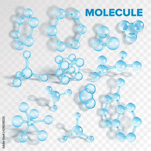 Glass Molecule Pharmaceutical Model Set Vector. Collection Of Transparent Biochemistry, Chemical And Medical Molecule. Atomic Combination Geometry Template Realistic 3d Illustrations