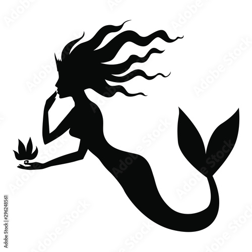 Vector illustration of silhouette of princess mermaid with flower