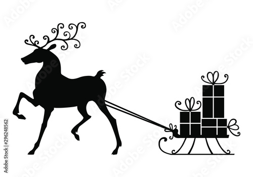 Vector illustrations of silhouette of a deer carrying a sled with gifts