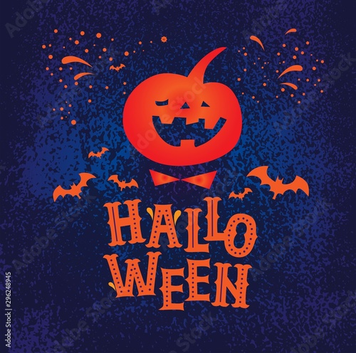Halloween  hand drawn poster  card design. Vector illustration of laughing pumpkin and bat on dark blue background. Design concept for party invitation  greeting card  poster.