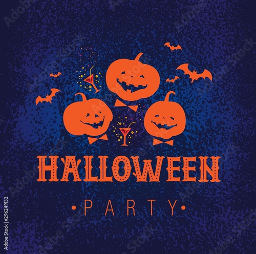 Halloween  hand drawn poster  card design. Vector illustration of laughing pumpkin and bat on dark blue background. Design concept for party invitation  greeting card  poster.