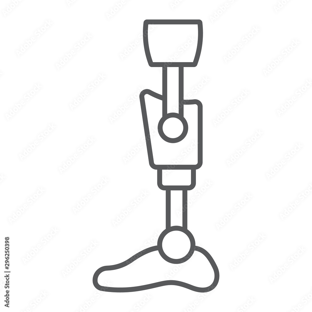Leg knee prosthesis thin line icon, orthopedic and medical, prosthetic leg sign, vector graphics, a linear pattern on a white background. Leg knee prosthesis thin line icon, orthopedic and medical, prosthetic leg sign, vector graphics, a linear pattern on a white background.