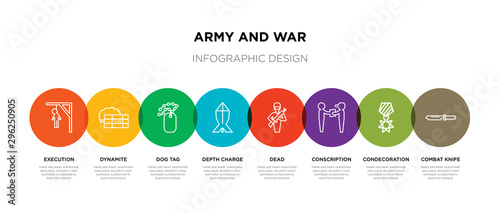 8 colorful army and war outline icons set such as combat knife, condecoration, conscription, dead, depth charge, dog tag, dynamite, execution