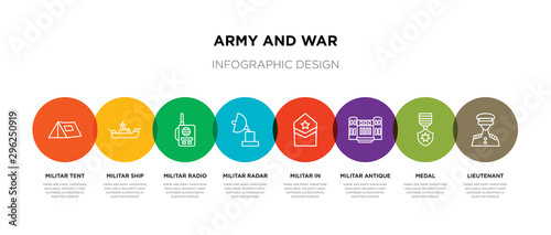8 colorful army and war outline icons set such as lieutenant, medal, militar antique building, militar in, militar radar, radio, ship, tent