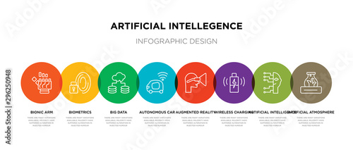 8 colorful artificial intellegence outline icons set such as artificial atmosphere, artificial intelligence, wireless charging, augmented reality, autonomous car, big data, biometrics, bionic arm