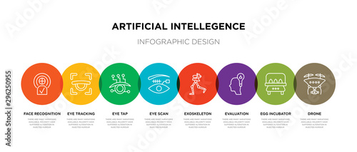8 colorful artificial intellegence outline icons set such as drone, egg incubator, evaluation, exoskeleton, eye scan, eye tap, eye tracking, face recognition