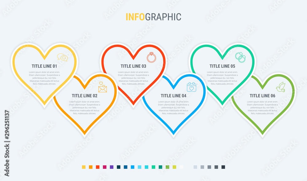 Vector infographics timeline design template with hearts elements. Content, schedule, timeline, valentines day, mothers day, flowchart. 6 steps infographic.