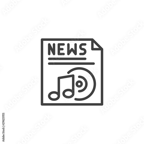 Music news publication line icon. linear style sign for mobile concept and web design. News headline with music note outline vector icon. Symbol, logo illustration. Vector graphics