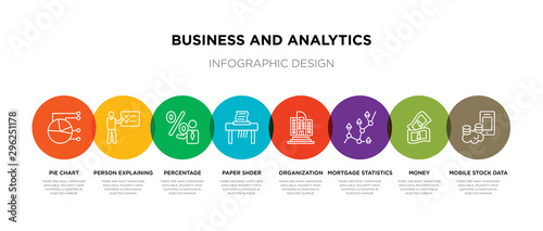 8 colorful business and analytics outline icons set such as mobile stock data, money, mortgage statistics, organization, paper shder, percentage, person explaining strategy, pie chart