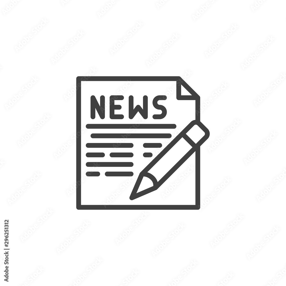 Writing news publication line icon. linear style sign for mobile concept and web design. News document with pen outline vector icon. Symbol, logo illustration. Vector graphics Writing news publication line icon. linear style sign for mobile concept and web design. News document with pen outline vector icon. Symbol, logo illustration. Vector graphics