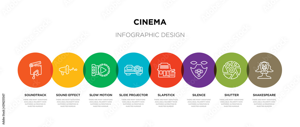 8 colorful cinema outline icons set such as shakespeare, shutter, silence,  slapstick, slide projector, slow motion, sound effect, soundtrack vector de  Stock | Adobe Stock
