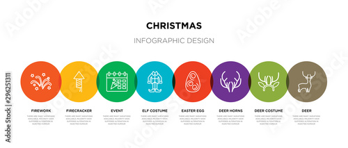 8 colorful christmas outline icons set such as deer, deer costume, deer horns, easter egg, elf costume, event, firecracker, firework
