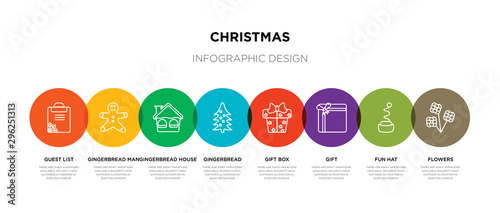 8 colorful christmas outline icons set such as flowers, fun hat, gift, gift box, gingerbread, gingerbread house, gingerbread man, guest list