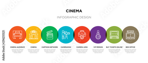 8 colorful cinema outline icons set such as box office, buy tickets online, vip person, camera lens, cameraman, cartoon network, cinema, cinema audience