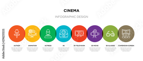 8 colorful cinema outline icons set such as 3 dimension screen, 3d glasses, 3d movie, 3d television, 4k, actress, animation, author
