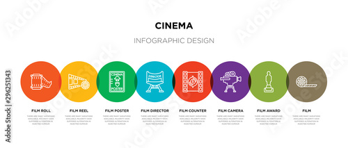 8 colorful cinema outline icons set such as film, film award, film camera, counter, director, poster, reel, roll