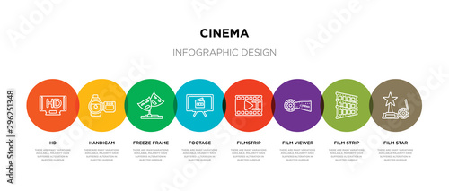 8 colorful cinema outline icons set such as film star, film strip, film viewer, filmstrip, footage, freeze frame, handicam, hd