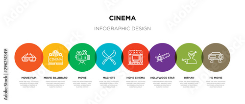 8 colorful cinema outline icons set such as hd movie, hitman, hollywood star, home cinema, machete, movie, movie billboard, film