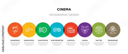 8 colorful cinema outline icons set such as shakespeare, shutter, silence, slapstick, slide projector, slow motion, sound effect, soundtrack